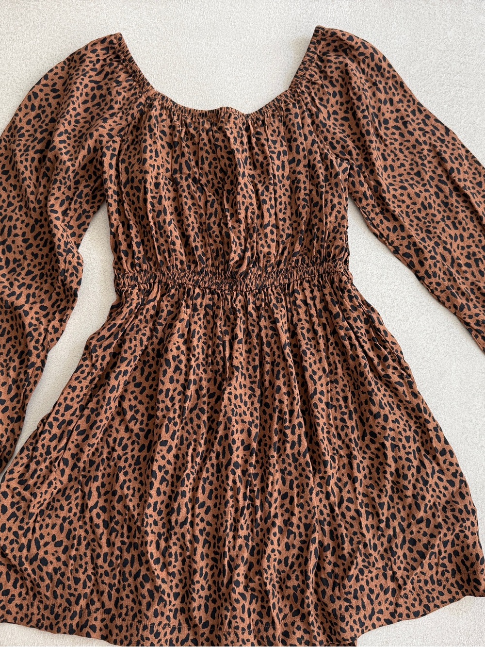 GAP Teens Girls Brown Leopard Print Off-Shoulder Smocked Waist Dress